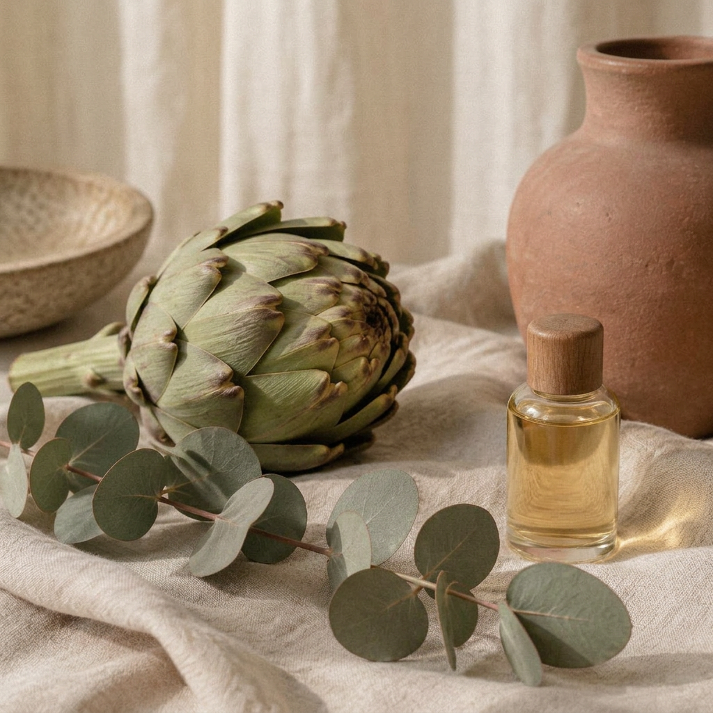 Artichaut, eucalyptus et huile de soin sur un drap de lin